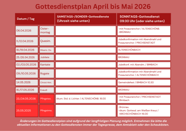 Gottesdienste April - Mai 2026