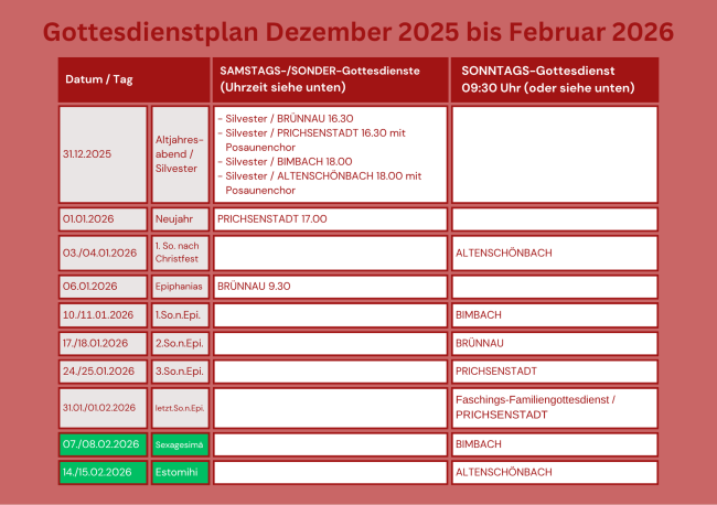 Gottesdienste Dezember 2025 - Februar 2026