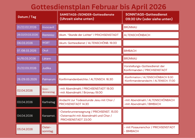 Gottesdienste Februar - April 2026